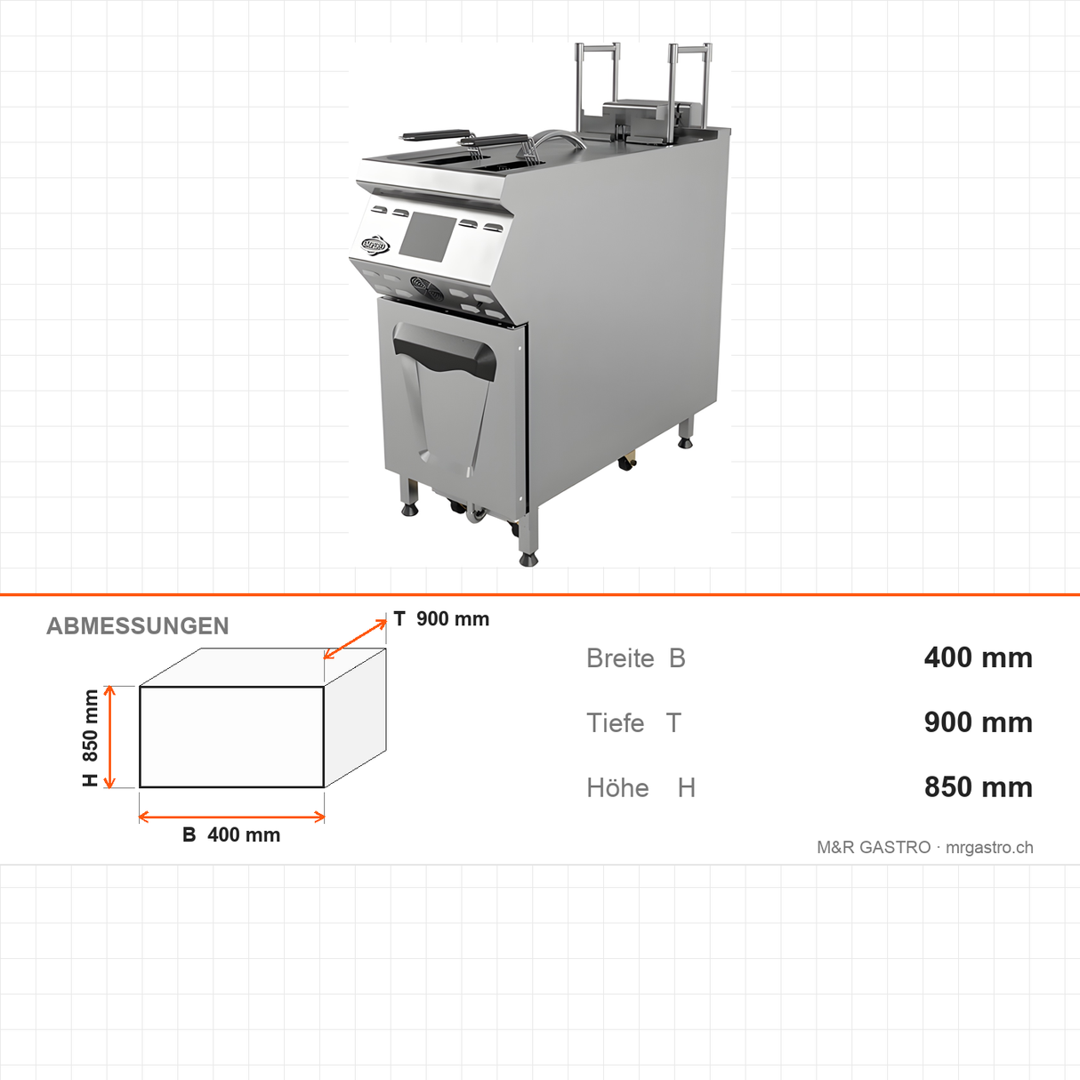 Elektro-Fritteuse, 25 Liter, 21 kW, Ölfiltersystem, Digitaldisplay, Edelstahl, 400×900×850 mm, Serie 900 – Abmessungen