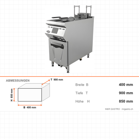 Elektro-Fritteuse, 25 Liter, 21 kW, Ölfiltersystem, Digitaldisplay, Edelstahl, 400×900×850 mm, Serie 900 – Abmessungen