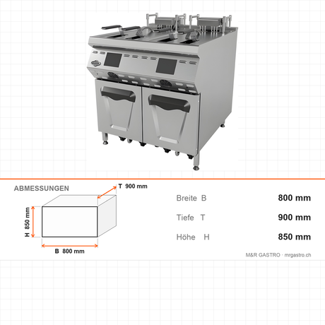 Elektro-Fritteuse, 2x 25 Liter, 42 kW, Ölfiltersystem, Digitaldisplay, Edelstahl, 800×900×850 mm, Serie 900 – Abmessungen