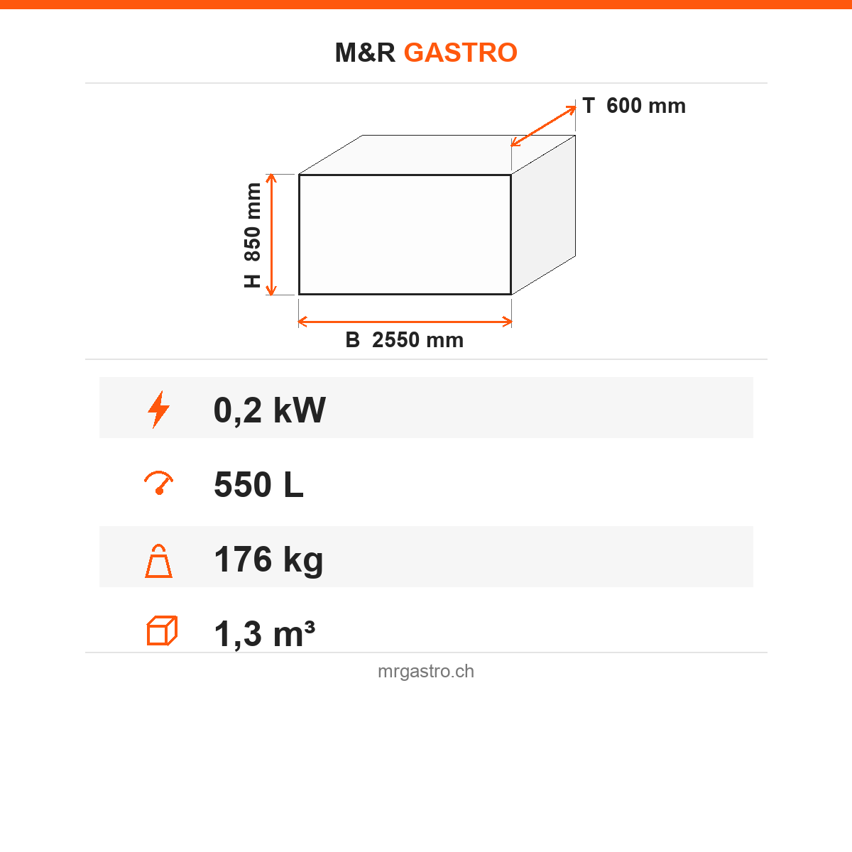 Kühltisch, 4 Türen, 550 L, 2550×600×850 mm – Technische Daten