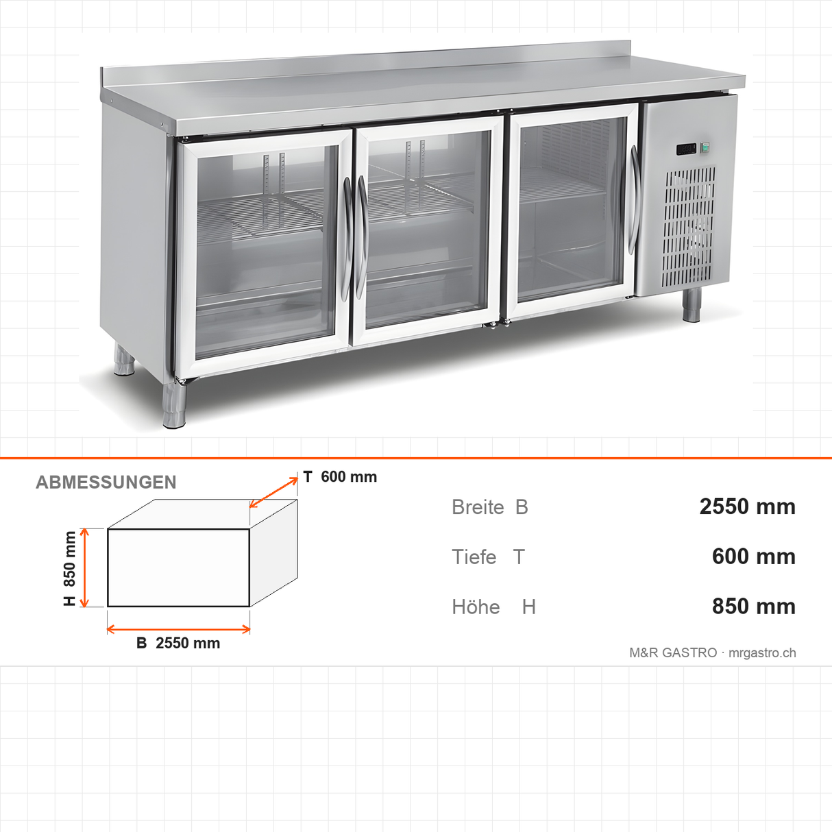 Kühltisch, 4 Türen, 550 L, 2550×600×850 mm – Abmessungen