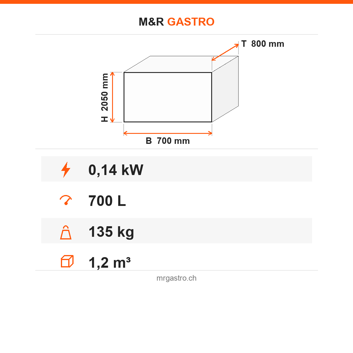 Gastrokühlschrank, 1 Tür, 700 L, 700×800×2050 mm – Technische Daten