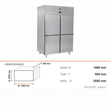Tiefkühlschrank, 4 Türen, 1400 L, 1400×800×2050 mm – Abmessungen
