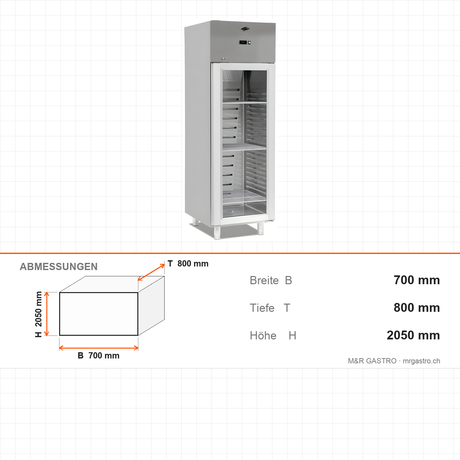 Gastrokühlschrank mit Glastür, 700 l, Umluftkühlung, 700×800×2050 mm, Edelstahl, Serie 700 – Abmessungen