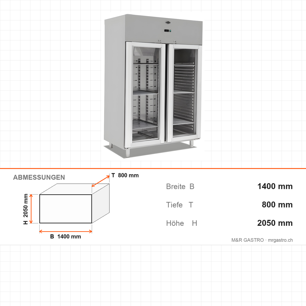 Gastrokühlschrank, 2 Türen, Glastür, 1400 L, 1400×800×2050 mm – Abmessungen