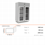Gastrokühlschrank, 2 Türen, Glastür, 1400 L, 1400×800×2050 mm – Abmessungen