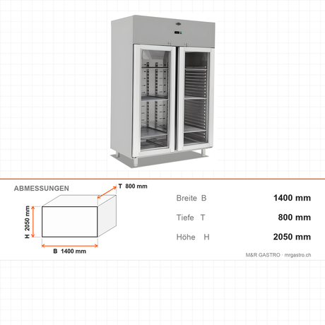 Gastrokühlschrank, 2 Türen, Glastür, 1400 L, 1400×800×2050 mm – Abmessungen