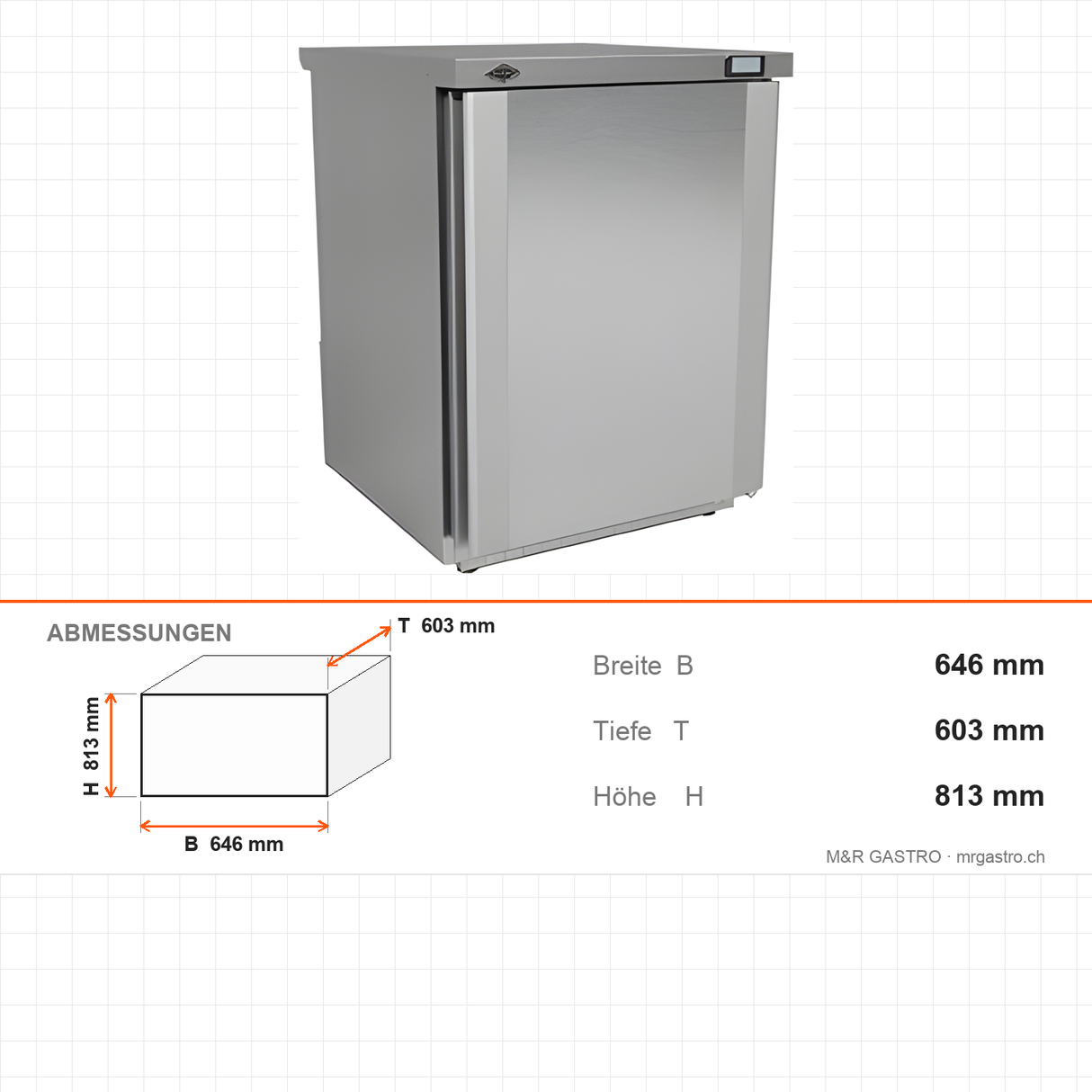 Tiefkühltisch, 1 Tür, 140 L, 646×603×813 mm – Abmessungen