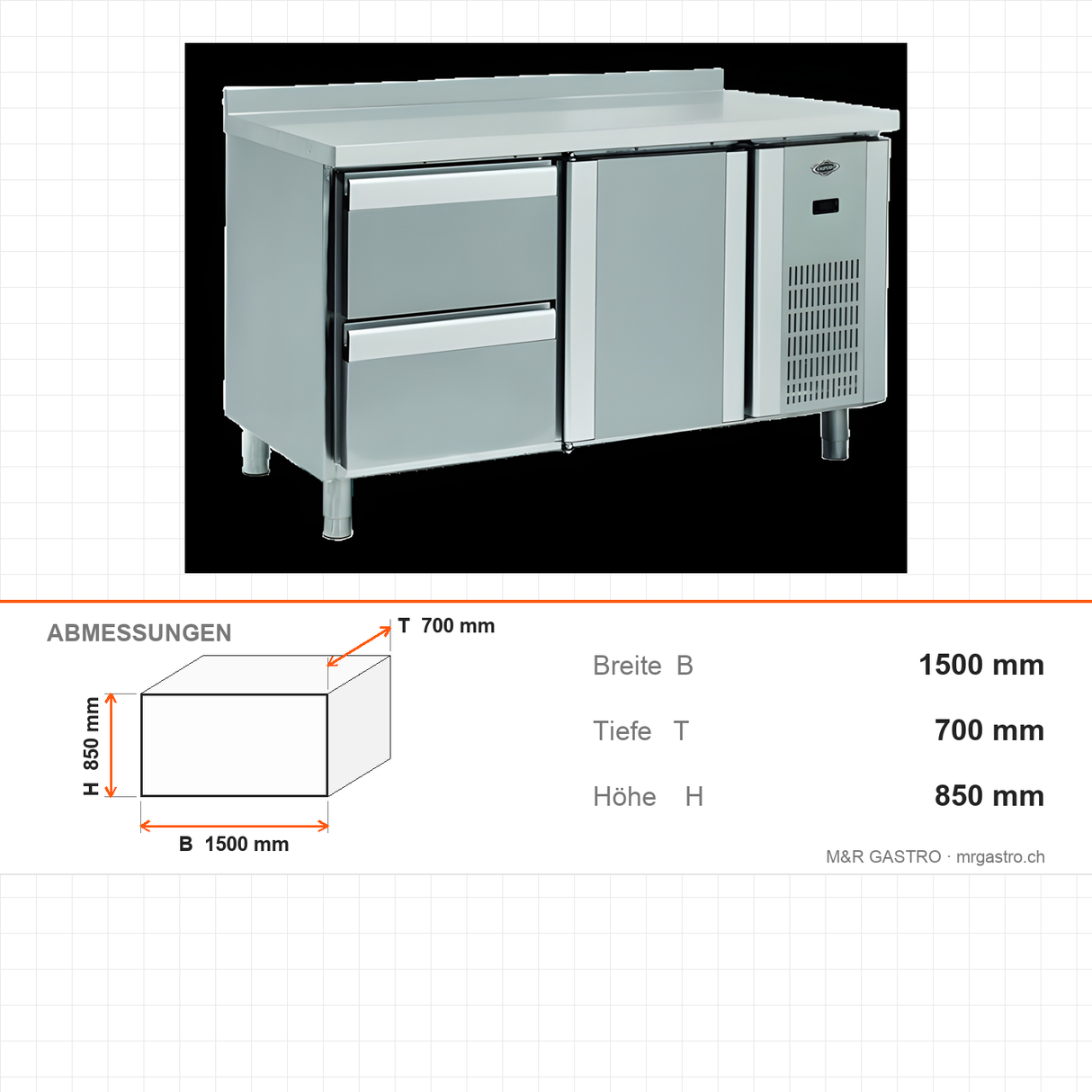 Kühltisch, 2 Schubladen, 1 Tür, 300 L, 1500×700×850 mm – Abmessungen