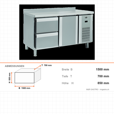 Kühltisch, 2 Schubladen, 1 Tür, 300 L, 1500×700×850 mm – Abmessungen
