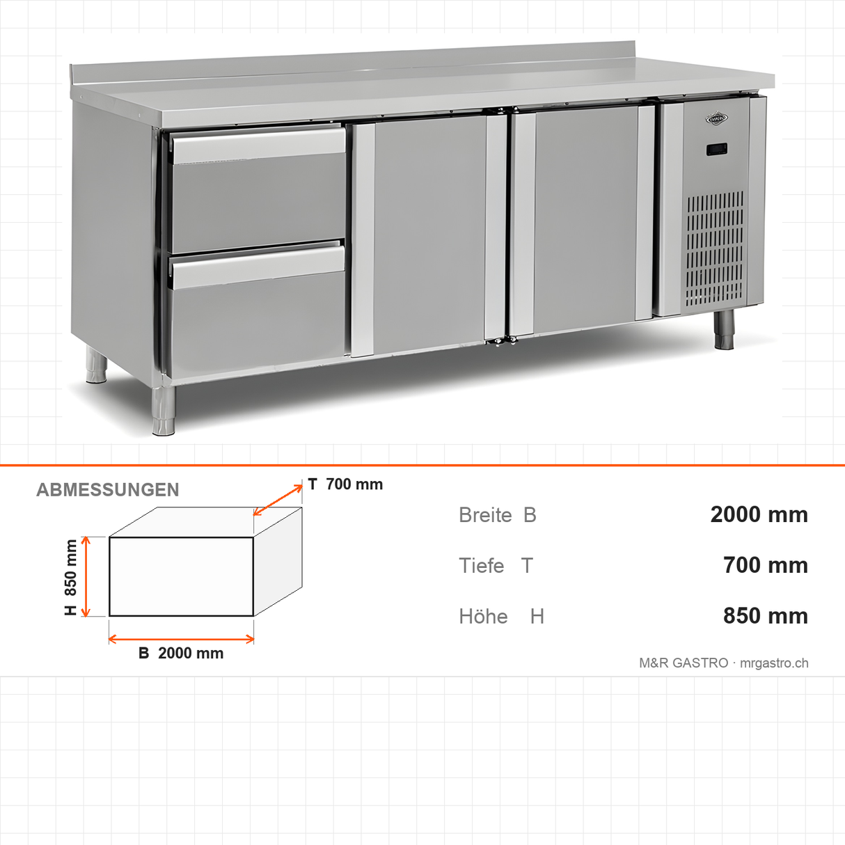 Kühltisch, 4 Schubladen, 1 Tür, 500 L, 2000×700×850 mm – Abmessungen
