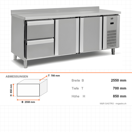 Tiefkühltisch, 4 Türen, 700 L, 2550×700×850 mm, Serie 700 – Abmessungen