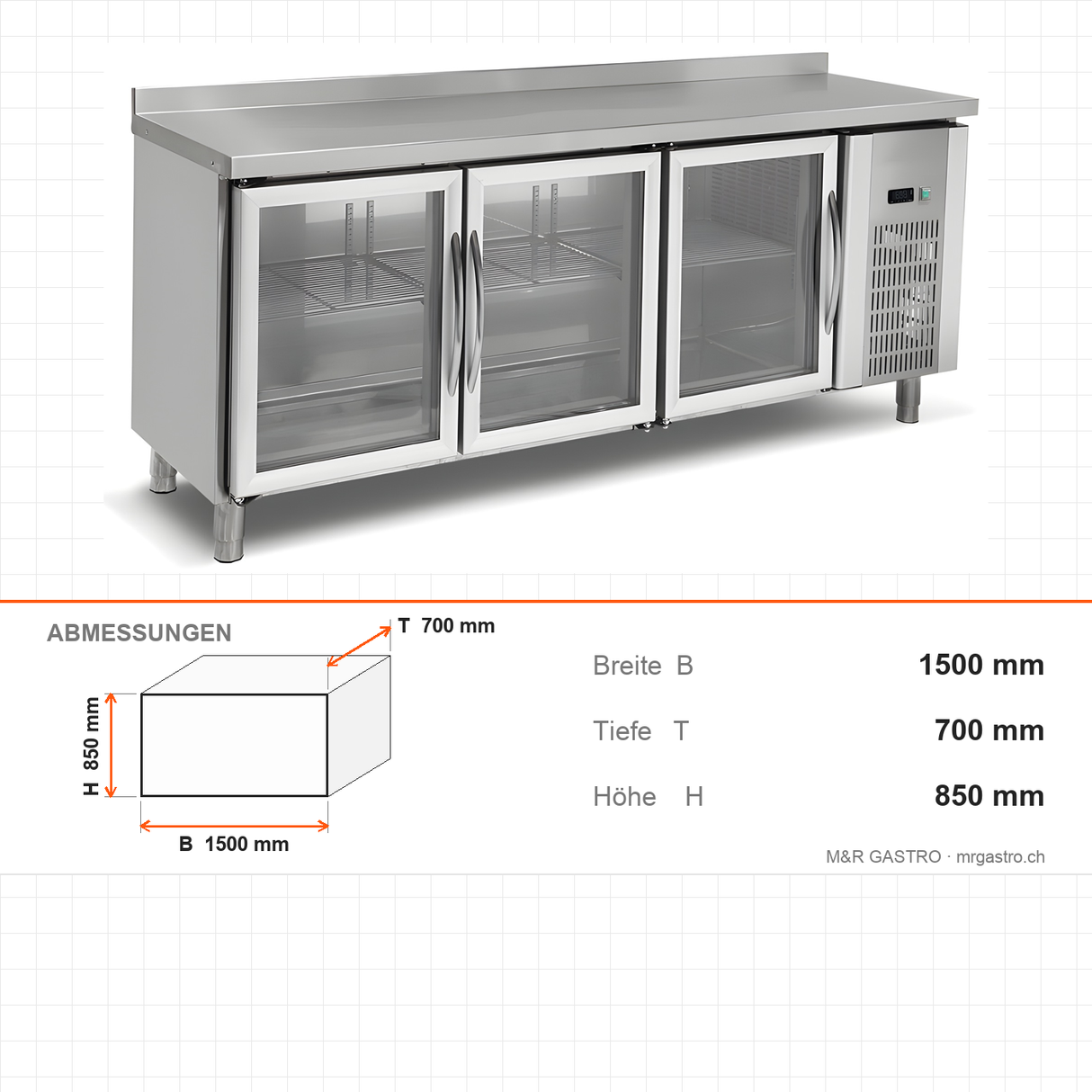 Kühltisch, 2 Türen, 300 L, 1500×700×850 mm – Abmessungen