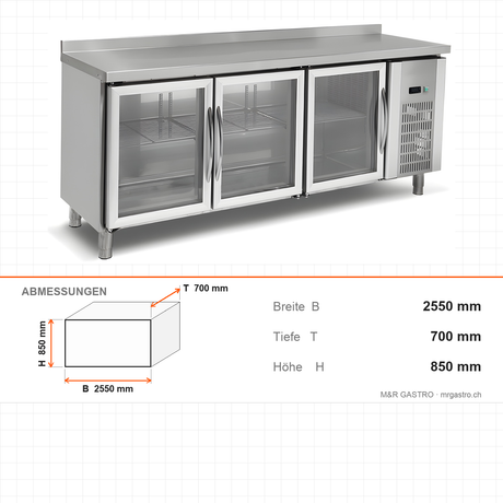 Kühltisch, 4 Türen, 700 L, 2550×700×850 mm, Serie 700 – Abmessungen