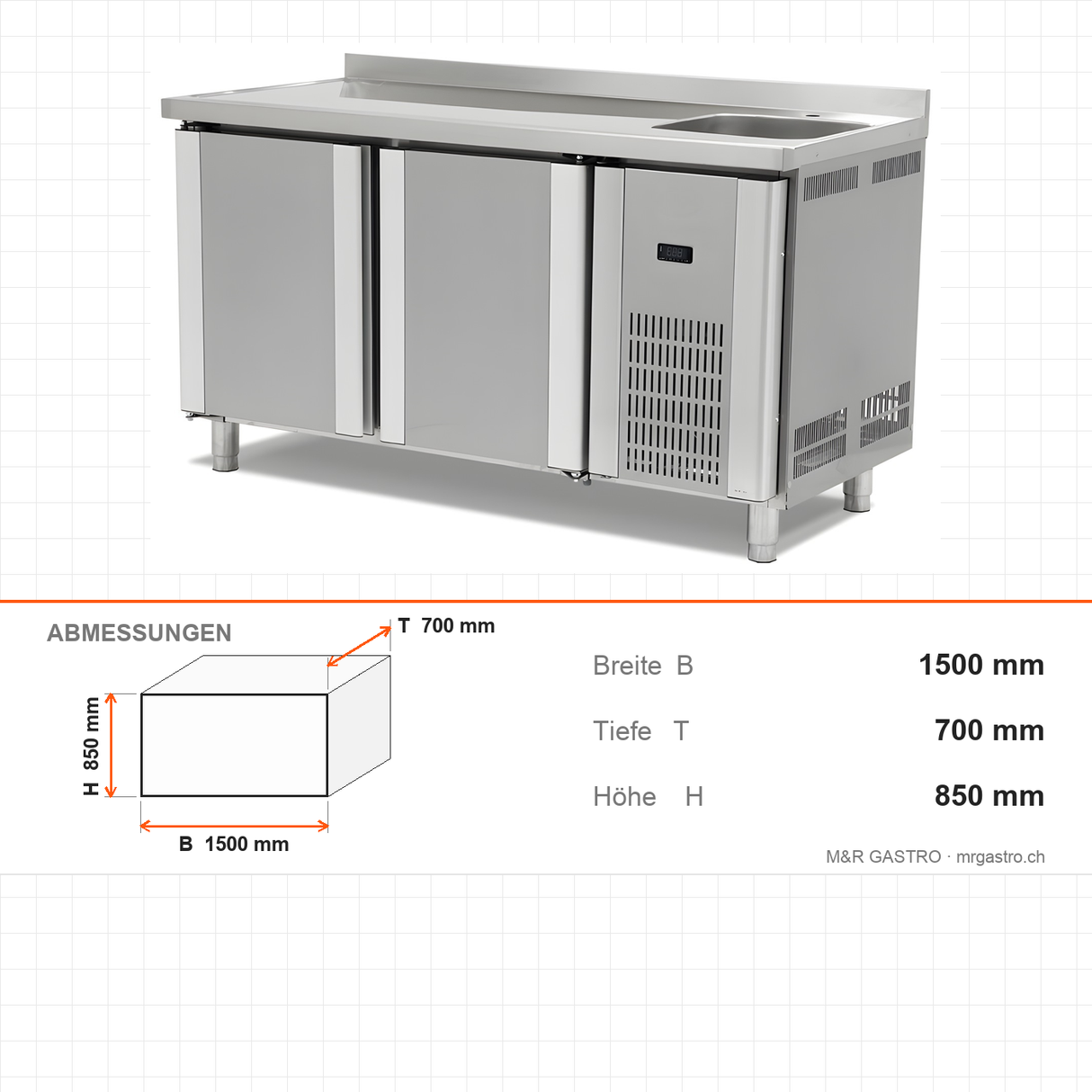 Kühltisch mit Spüle, 2 Türen, 300 L, 1500×700×850 mm – Abmessungen