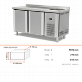 Kühltisch mit Spüle, 2 Türen, 300 L, 1500×700×850 mm – Abmessungen