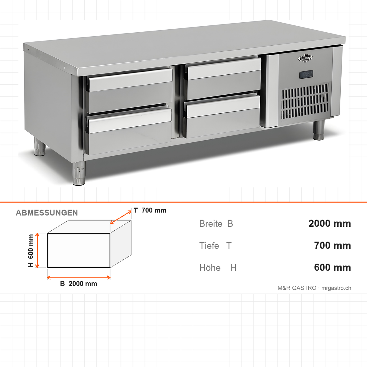 Unterbau-Tiefkühltisch, 6 Schubladen, 6x1/1 200 GN, 2000×700×600 mm – Abmessungen