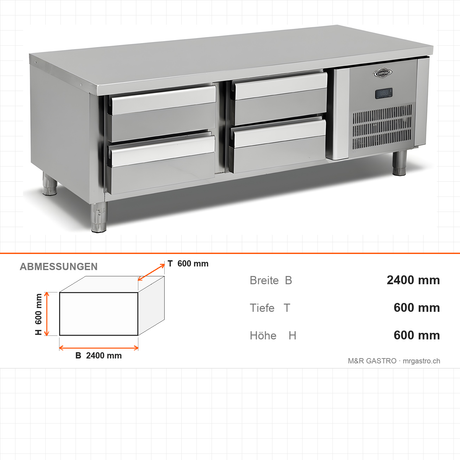 Unterbau-Tiefkühltisch, 8 Schubladen, 8x2/3 200 GN, 2400×600×600 mm – Abmessungen