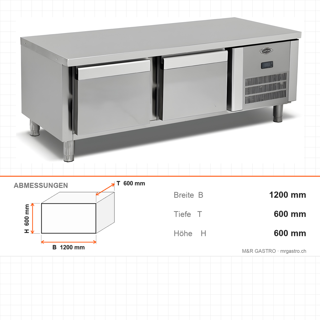 Unterbaukühltisch, 2 Schubladen, 2x2/3 200 GN, 1200×600×600 mm – Abmessungen