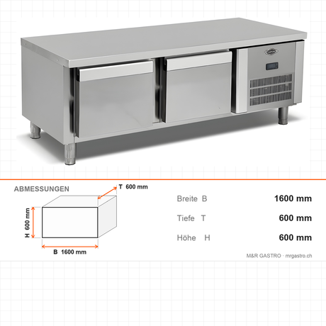 Unterbaukühltisch, 2 Schubladen, 4x2/3 200 GN, 1600×600×600 mm – Abmessungen