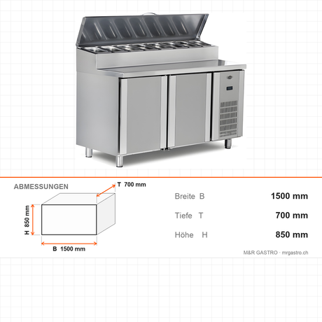 Pizzakühltisch, 2 Türen, 300 L, 1500×700×850 mm – Abmessungen