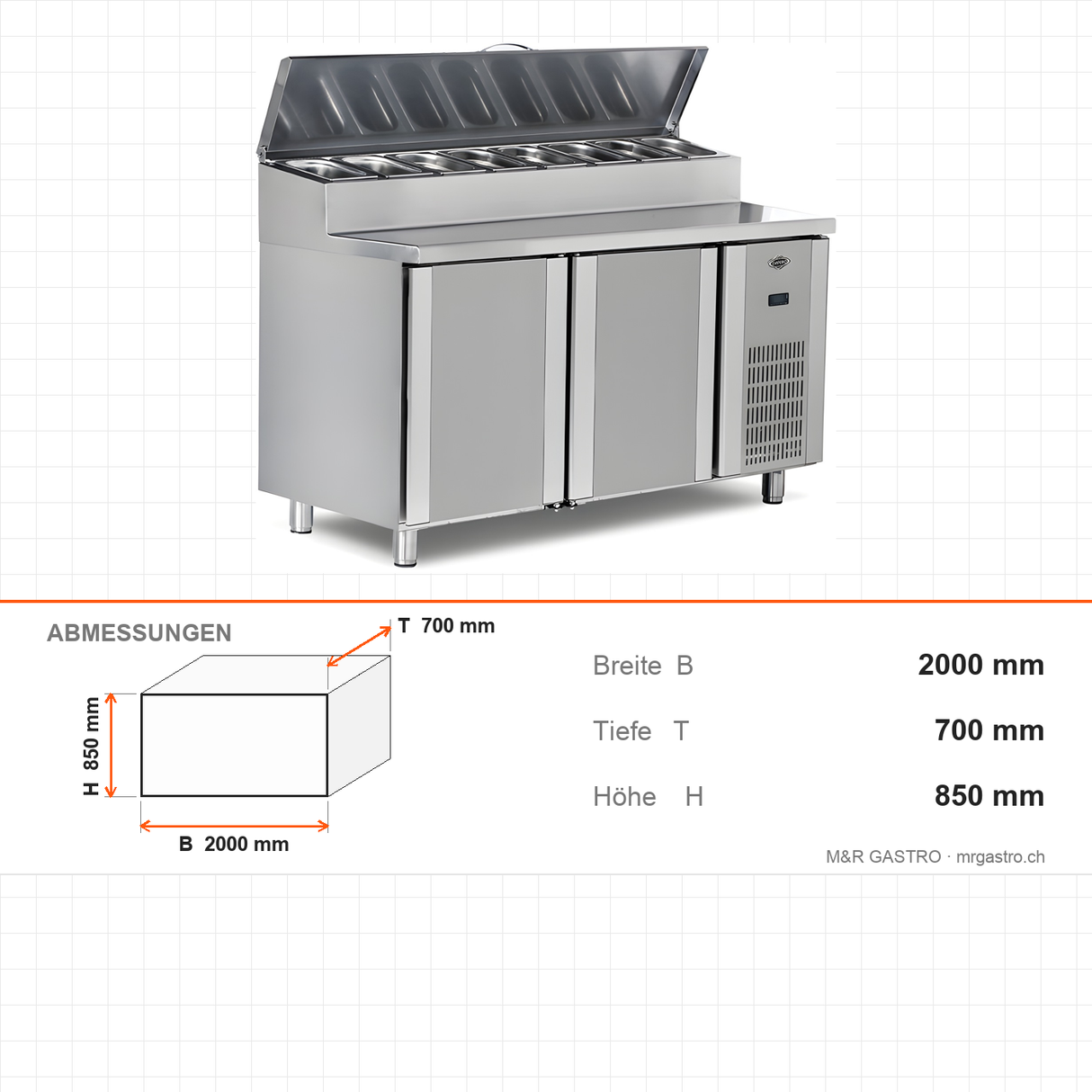 Pizzakühltisch, 3 Türen, 500 L, 2000×700×850 mm, Serie 700 – Abmessungen