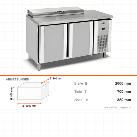 Pizzakühltisch, 3 Türen, 500 L, 2000×700×850 mm – Abmessungen