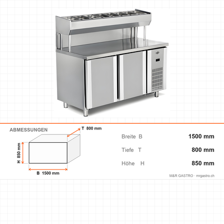 Pizzakühltisch, 2 Türen, 300 L, 1500×800×850 mm, Serie 700 – Abmessungen
