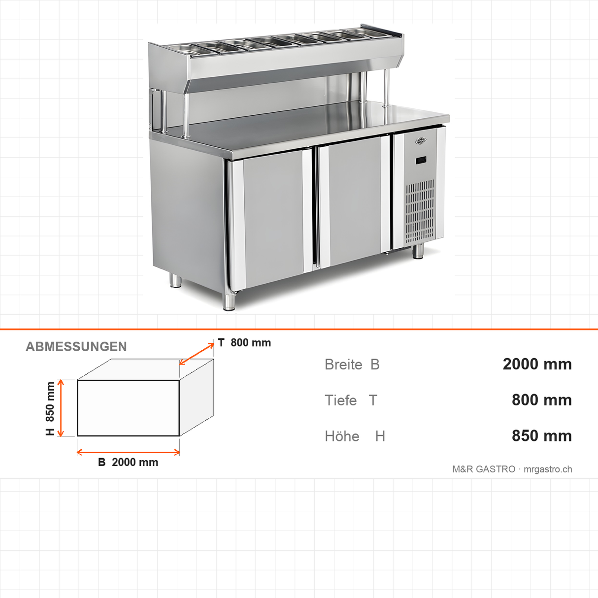 Pizzakühltisch, 3 Türen, 500 L, 2000×800×850 mm – Abmessungen