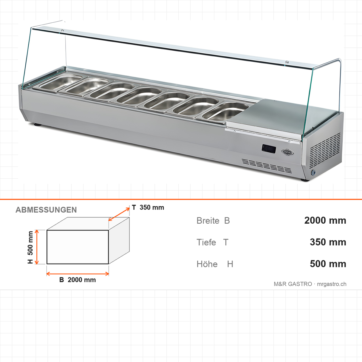 Kühltresen Salatbar, statische Kühlung, 9x GN 1/4, digitale Temperaturanzeige, 0/+5 °C, 2000×350×500 mm – Abmessungen