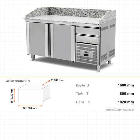 Pizzakühltisch Granit, 2 Türen, 300 L, 1600×800×1020 mm – Abmessungen