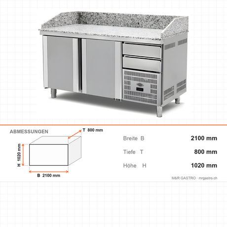 Pizzakühltisch Granit, 3 Türen, 500 L, 2100×800×1020 mm – Abmessungen