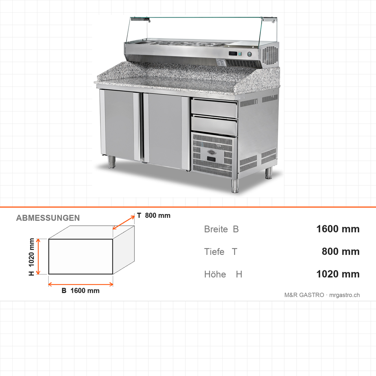 Pizzakühltisch Granit, 2 Türen, 300 L, 1600×800×1020 mm, Salatbar – Abmessungen