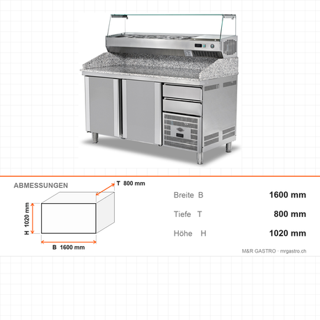 Pizzakühltisch Granit, 2 Türen, 300 L, 1600×800×1020 mm, Salatbar – Abmessungen