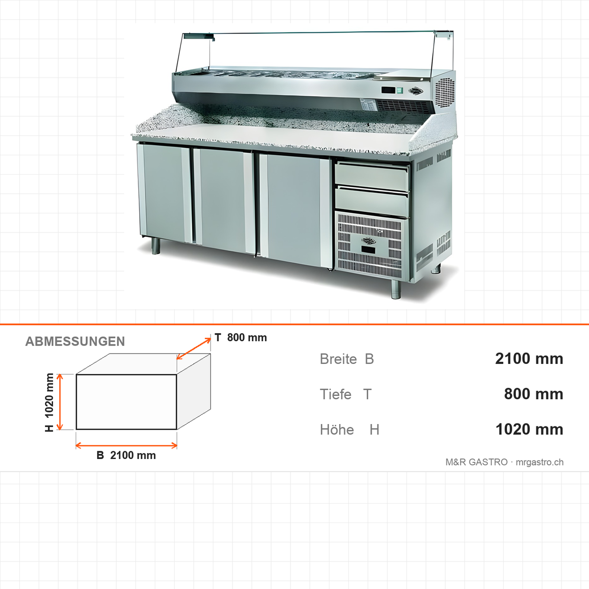 Saladette, ventilierte Kühlung, 500 L, 3 Türen, 0/+5 °C, 2 Schubladen, GN-Auflage, 2100×800×1020 mm – Abmessungen