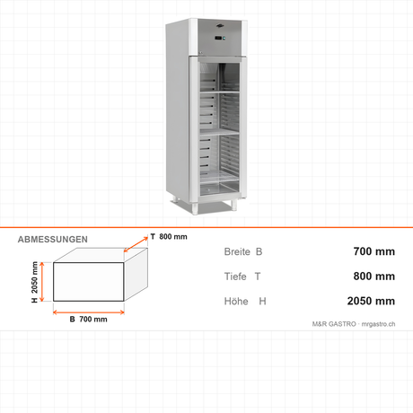 Gastrokühlschrank mit Glastür, 700 l, Umluftkühlung, 700×800×2050 mm, Edelstahl, Serie 700 – Abmessungen