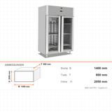 Gastrokühlschrank mit 2 Glastüren, 1400 l, Umluftkühlung, 1400×800×2050 mm, Edelstahl, Serie 700 – Abmessungen