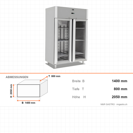 Gastrokühlschrank mit 2 Glastüren, 1400 l, Umluftkühlung, 1400×800×2050 mm, Edelstahl, Serie 700 – Abmessungen
