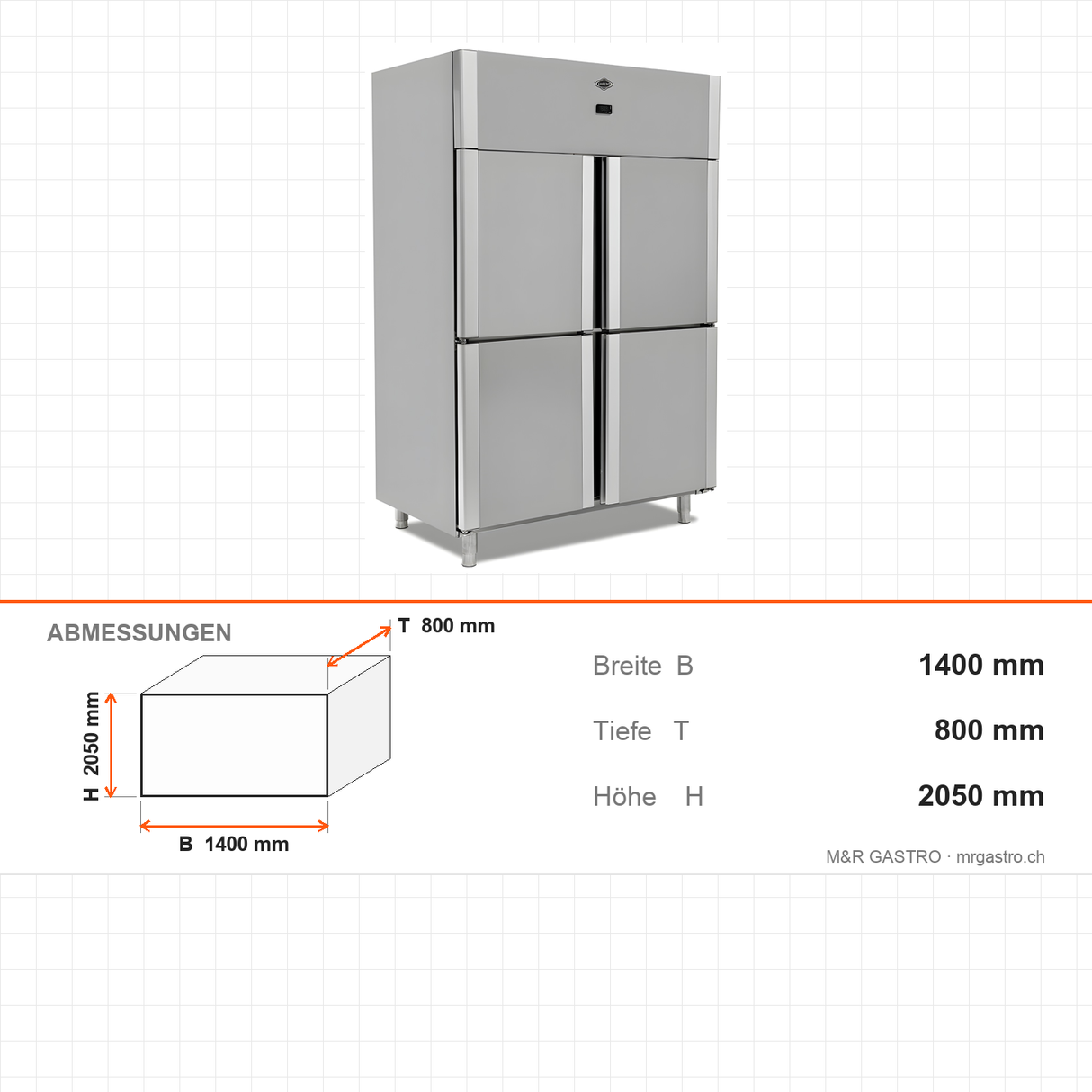 Tiefkühlschrank, 4 Türen, 1400 L, 1400×800×2050 mm – Abmessungen
