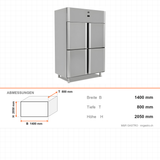 Tiefkühlschrank, 4 Türen, 1400 L, 1400×800×2050 mm – Abmessungen