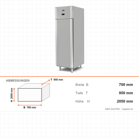 Tiefkühlschrank Patisserie, 1 Tür, 40 Tabletts 600×400, 700×950×2050 mm – Abmessungen