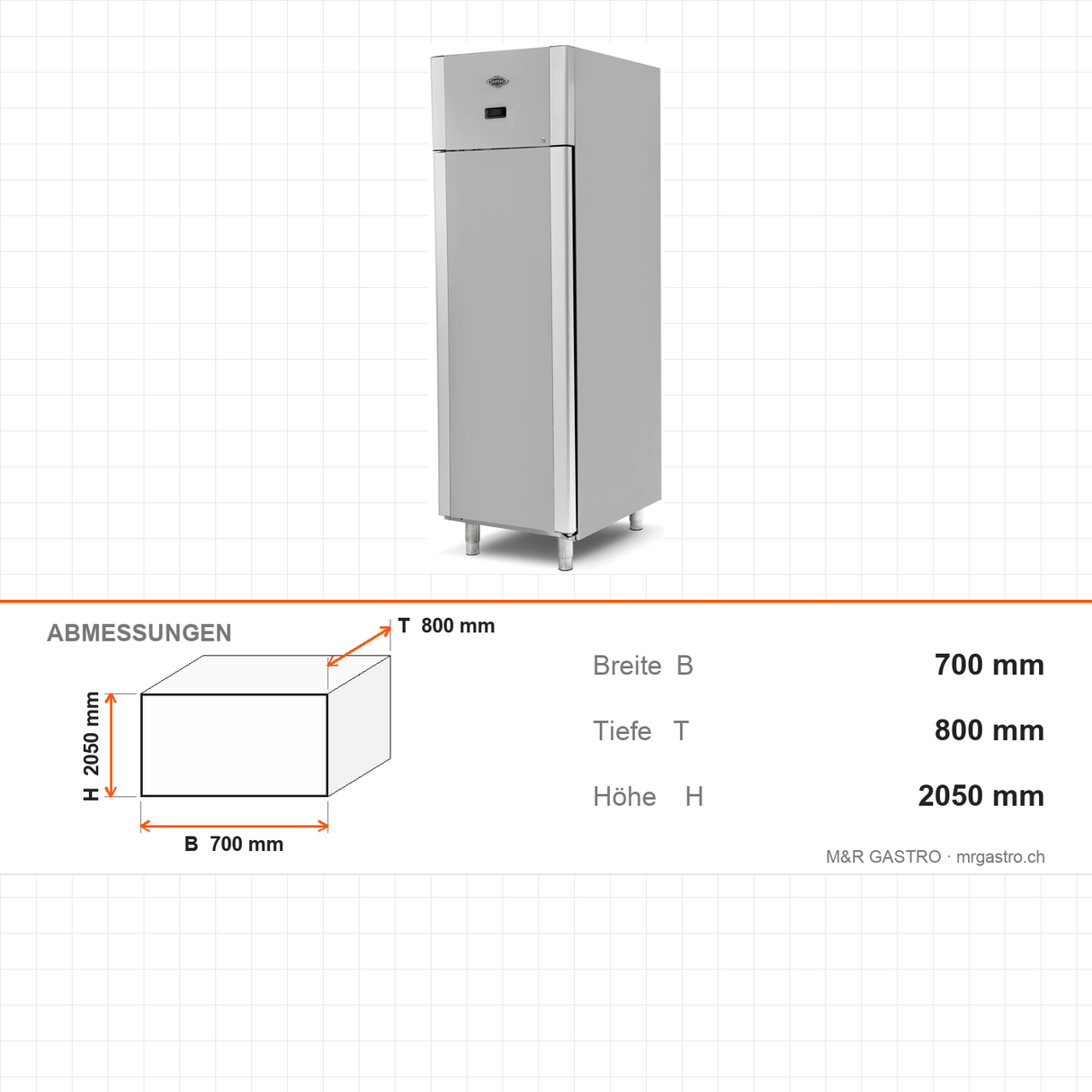 Gastrokühlschrank Patisserie, 1 Tür, 700 L, 700×800×2050 mm – Abmessungen