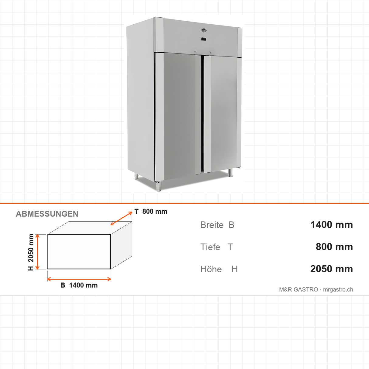 Gastrokühlschrank Patisserie, 2 Türen, 1400 L, 1400×800×2050 mm – Abmessungen