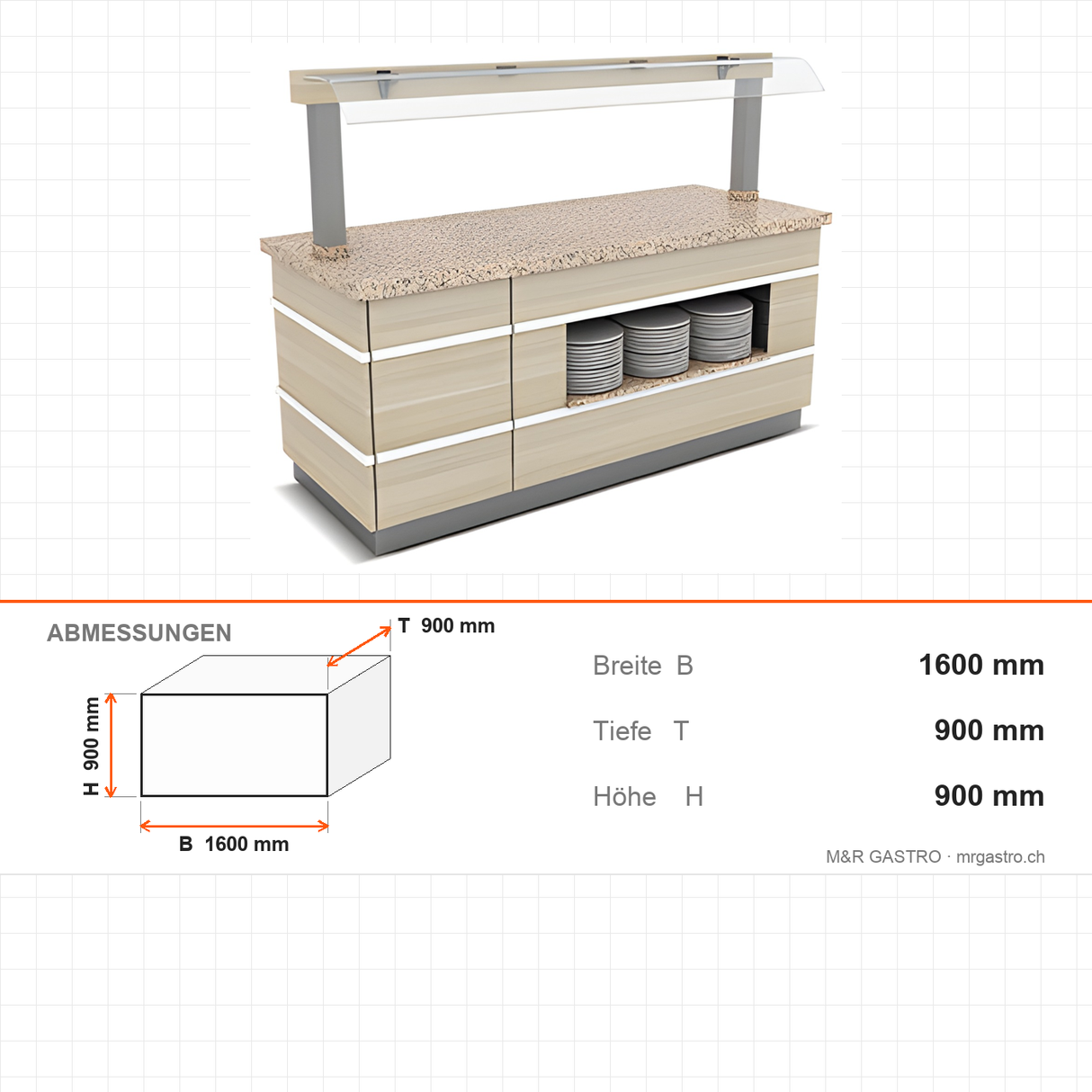 Buffettheke kalt, 1600×900×900 mm, Granit, Holzdekor, mit Niesschutz, LED, Tellerablage, Edelstahl, Design Galata – Abmessungen