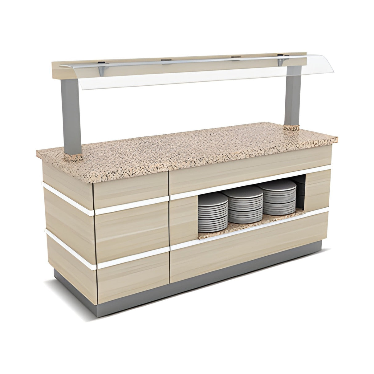 Buffettheke kalt, 2200×900×900 mm, Granit, Holzdekor, mit Spuckschutz, LED, Tellerablage, Edelstahl, Design Galata – Produktbild