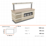 Buffettheke neutral, Granitplatte, Spuckschutz, LED-Beleuchtung, Holzdekor, 1600×900×900 mm – Abmessungen