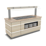 Buffettheke kalt, 5x GN 1/1, 2400×900×900 mm, Granit, Holzdekor, mit Spuckschutz, LED, Edelstahlwanne, Design Galata – Produktbild