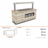 Buffettheke kalt, 5x GN 1/1, 2400×900×900 mm, Granit, Holzdekor, mit Spuckschutz, LED, Edelstahlwanne, Design Galata – Abmessungen