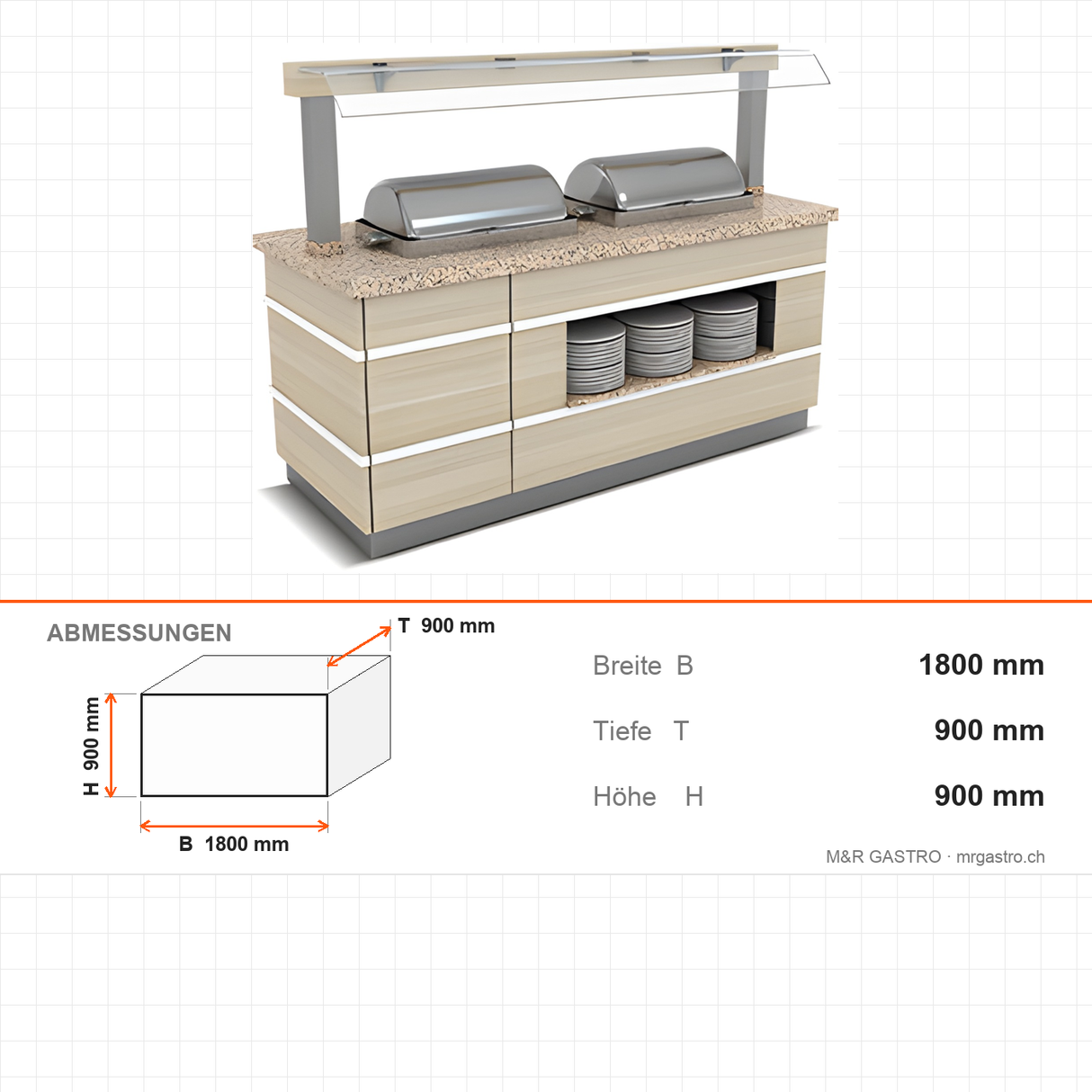 Warmhaltetheke Chafing-Dish, 2x GN 1/1, Granitplatte, Holzdekor, LED, Spritzschutz, 1800 mm, Design Galata – Abmessungen