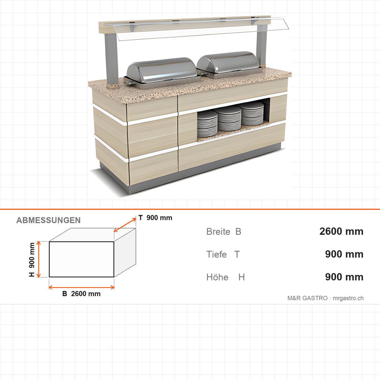 Buffettheke warm, 3x GN 1/1, Granittisch, Spuckschutz, LED, Design Galata, 2600×900×900 mm – Abmessungen